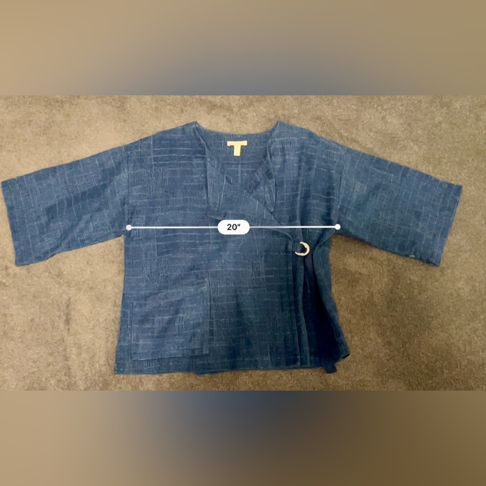 Eileen Fisher Blue Linen Asian Wrap Top with Ring Closure Detail - Picture 5 of 8